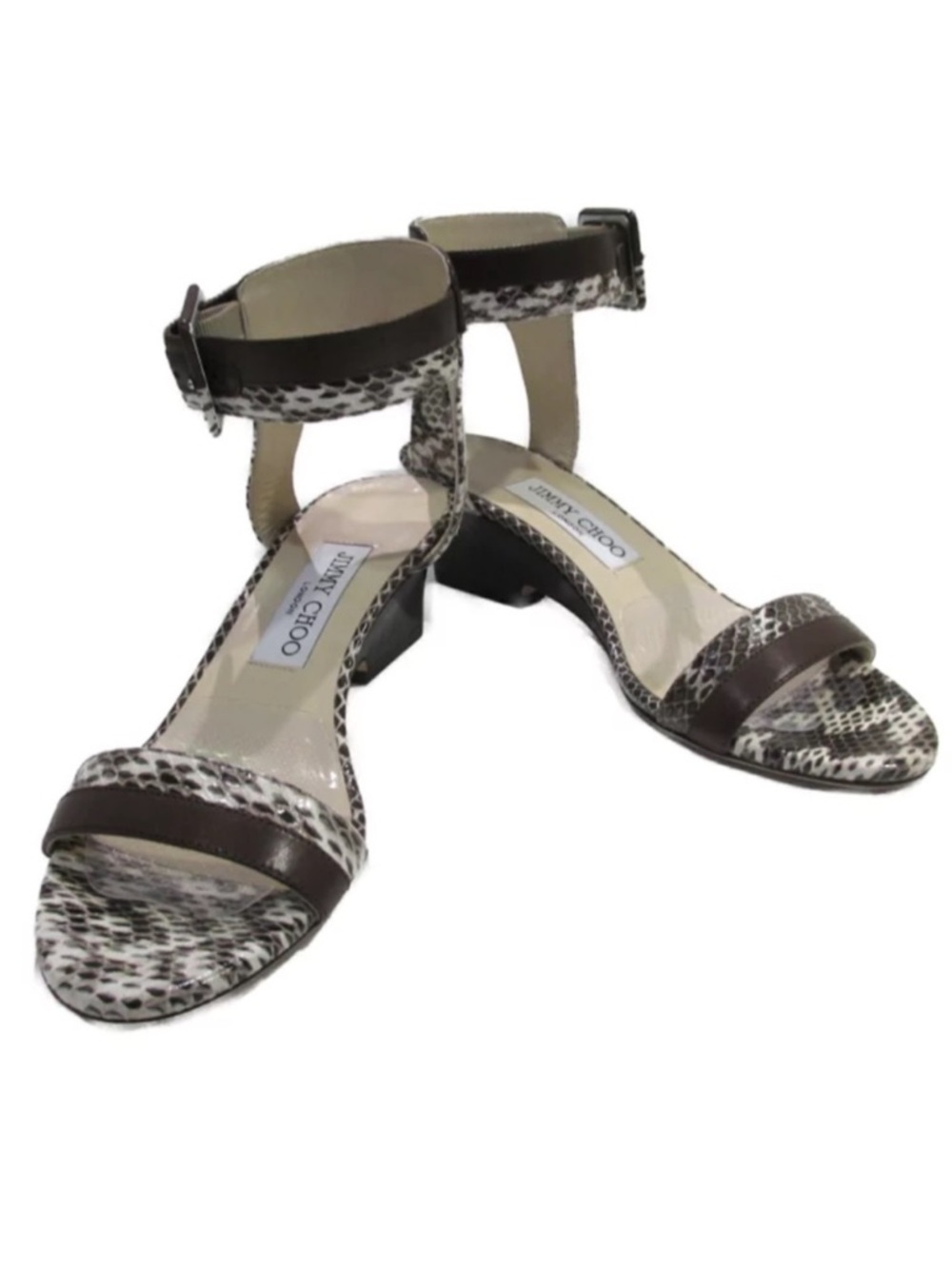 Jimmy Choo Snakeskin Strappy Wedge Sandals Ankle Strap Buckle Brown Leather 36.5